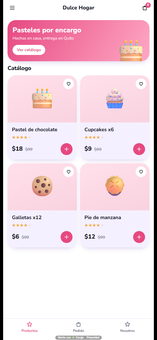 Pantalla de inicio de la app para catálogo con pedido por WhatsApp hecha con Encaja