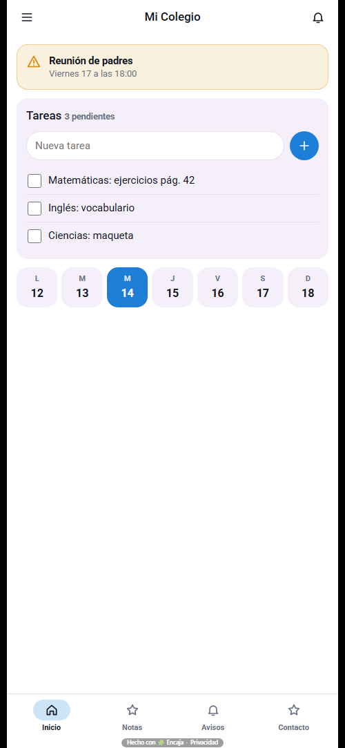Pantalla de inicio de la app para colegio o escuela hecha con Encaja