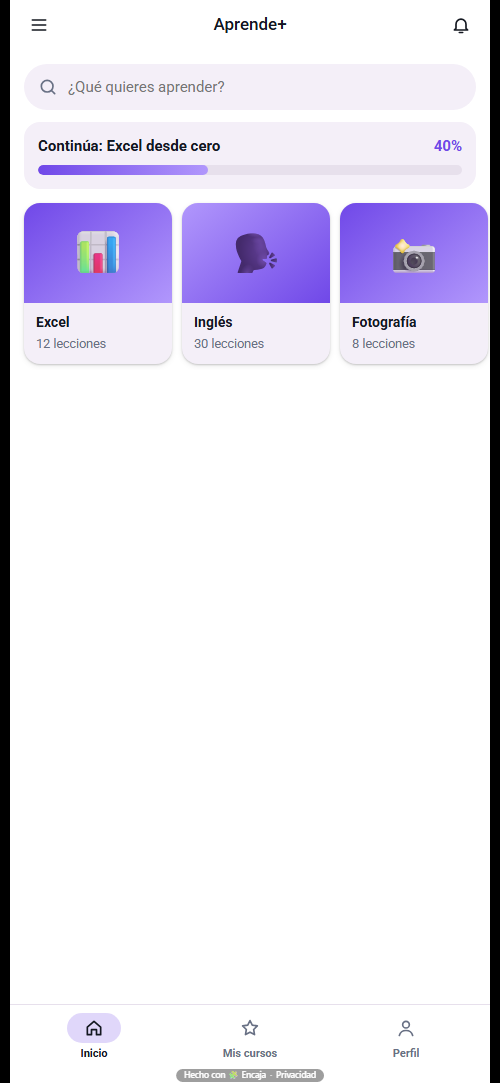 Pantalla de inicio de la app para cursos en línea hecha con Encaja