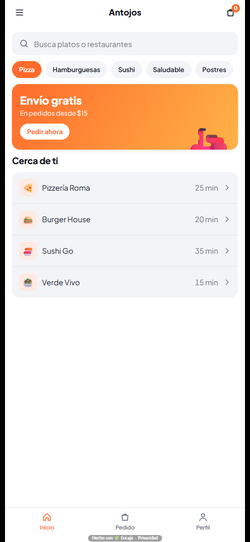 Pantalla de inicio de la app para delivery de comida hecha con Encaja