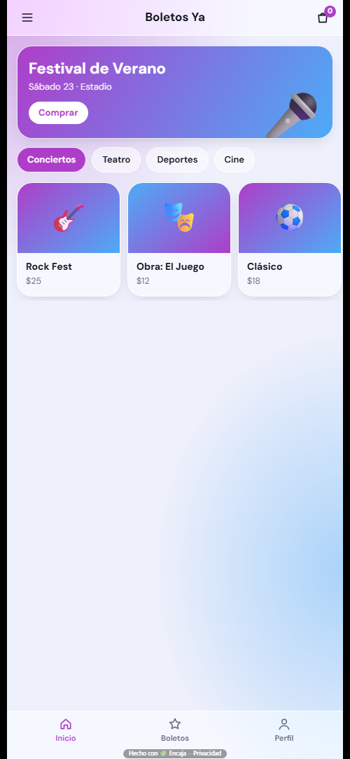 Pantalla de inicio de la app para eventos y boletos hecha con Encaja