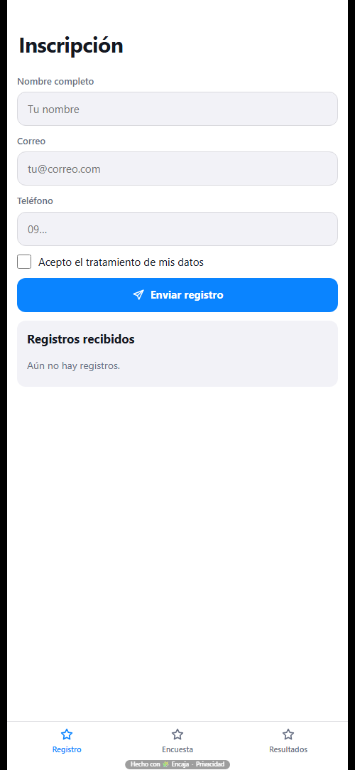 Pantalla de inicio de la app para formulario y encuesta hecha con Encaja