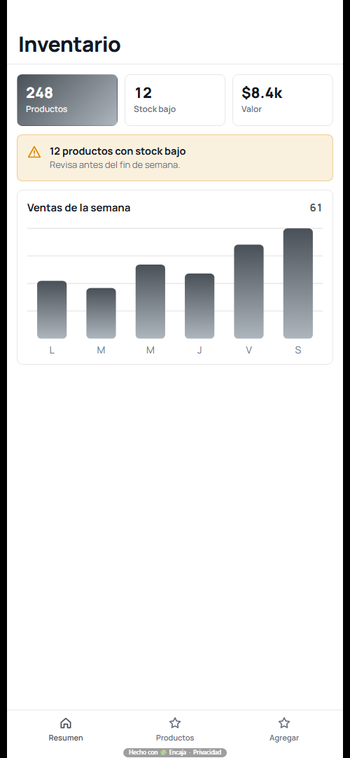 Pantalla de inicio de la app para inventario de negocio hecha con Encaja