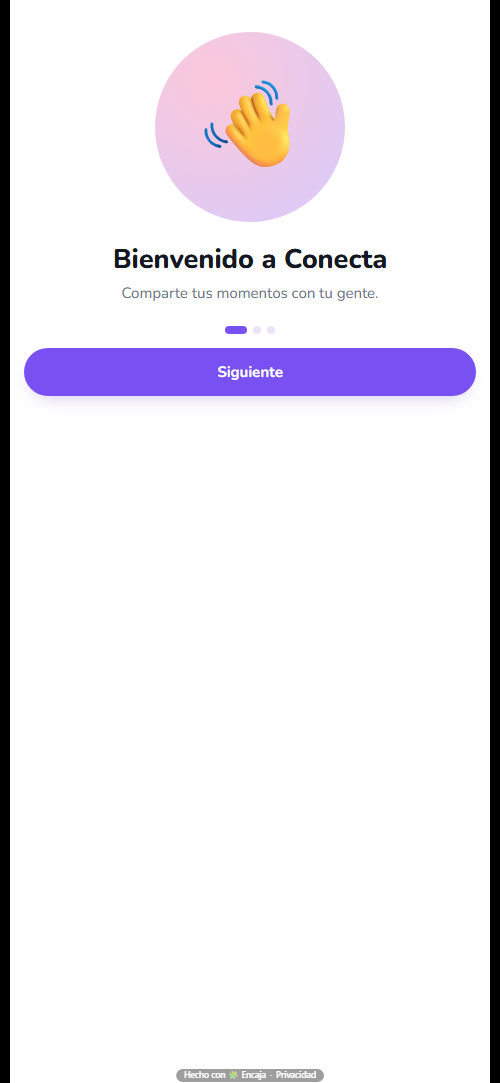 Pantalla de inicio de la app para red social hecha con Encaja