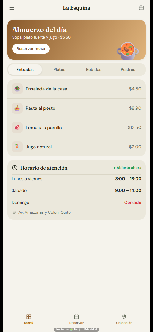 Pantalla de inicio de la app para restaurante o cafetería hecha con Encaja