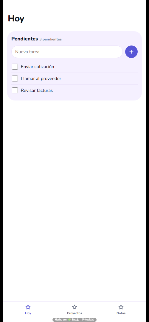 Pantalla de inicio de la app para tareas y proyectos hecha con Encaja